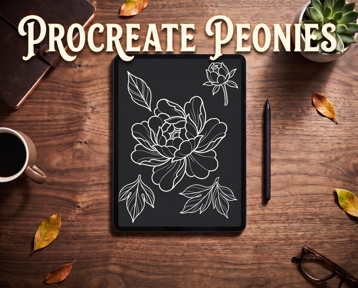 Japanese Peony Tattoo Stencils – Procreate Stamps – preview 7