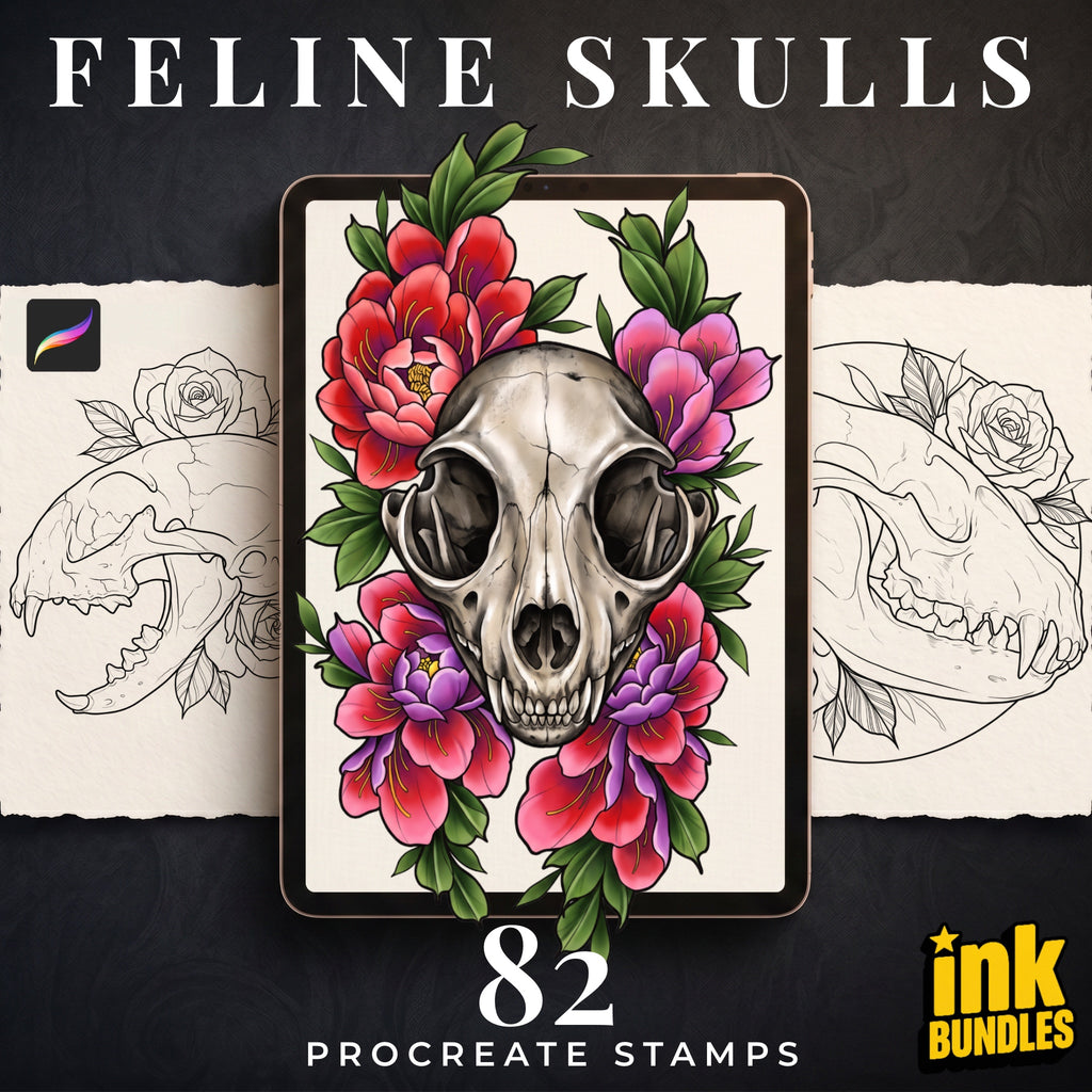 Feline Skull Tattoo Stencils – 82 Procreate Stamps