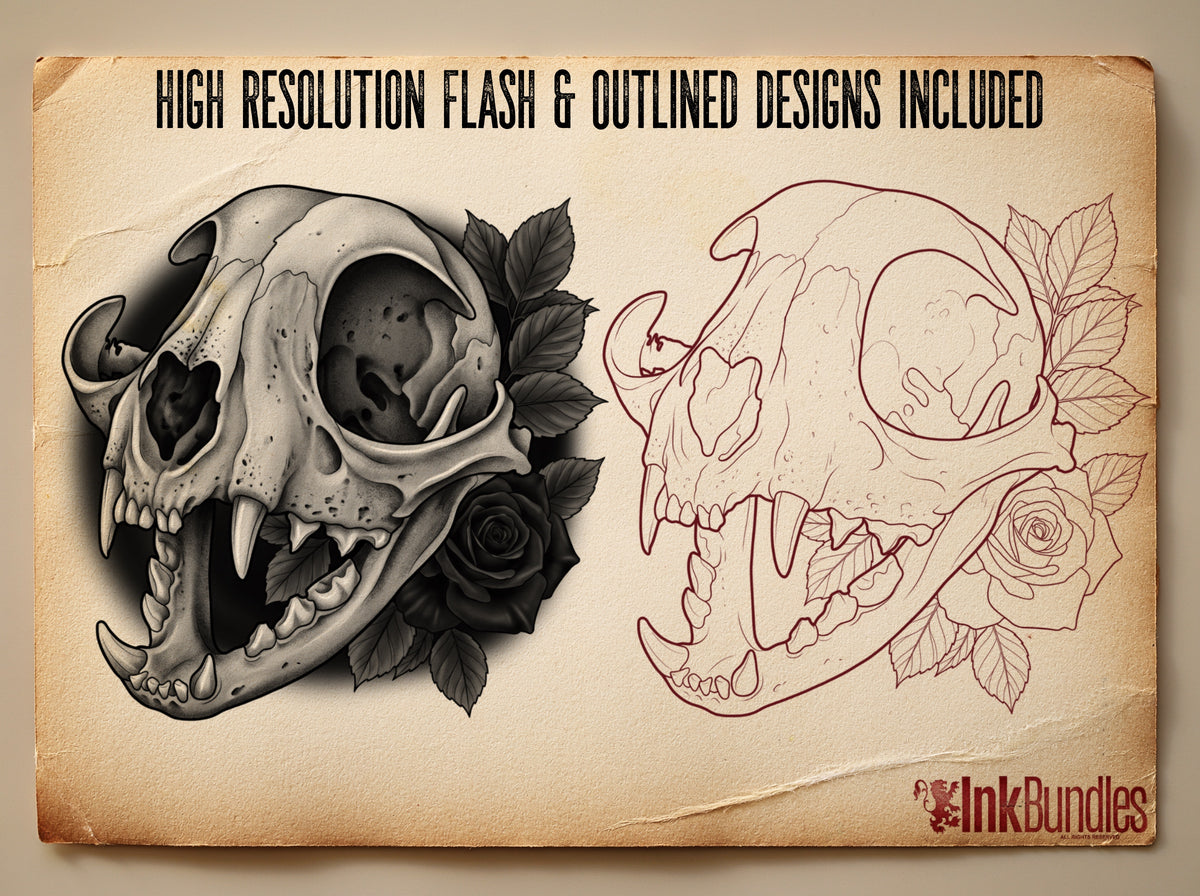 Feline Skull Tattoo Stencils – 82 Procreate Stamps – preview 4