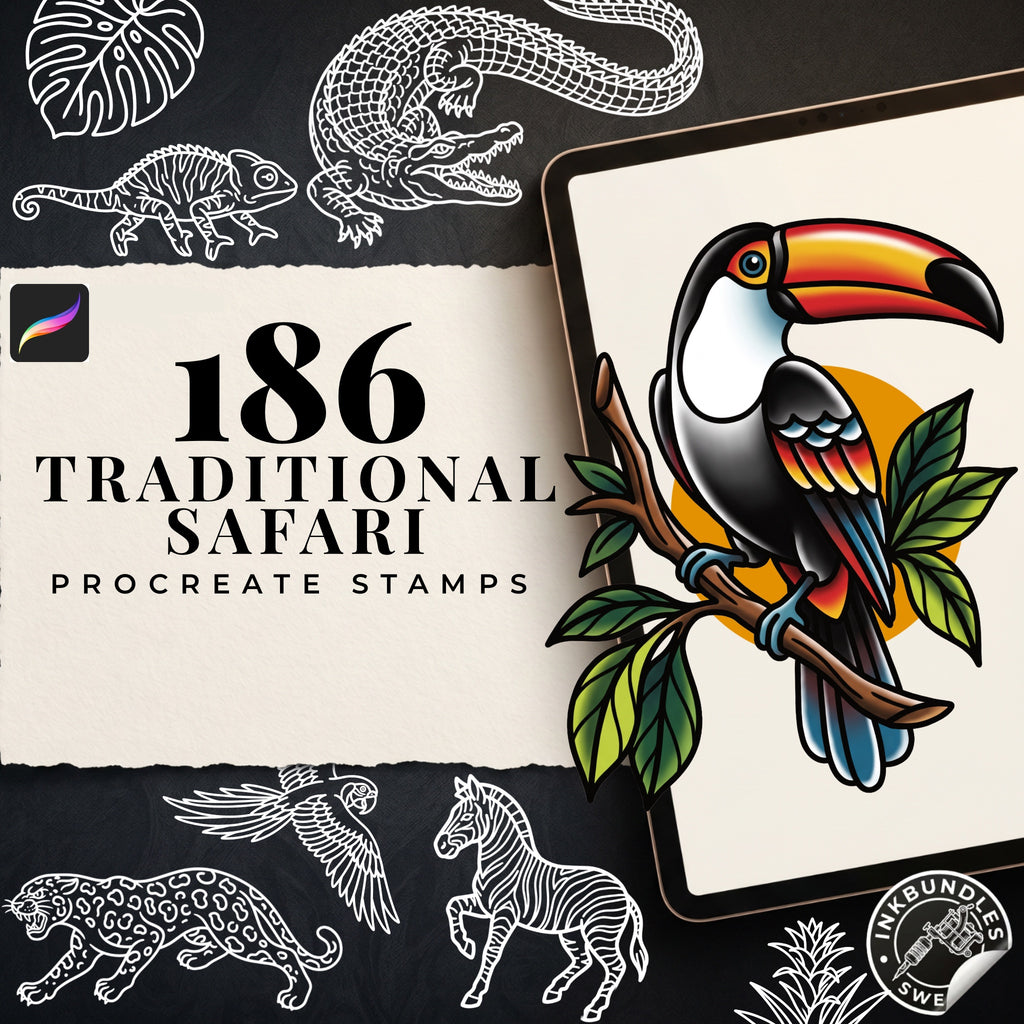 American Traditional Safari – 180+ Procreate Stamps, Tattoo Flash & Animal Designs