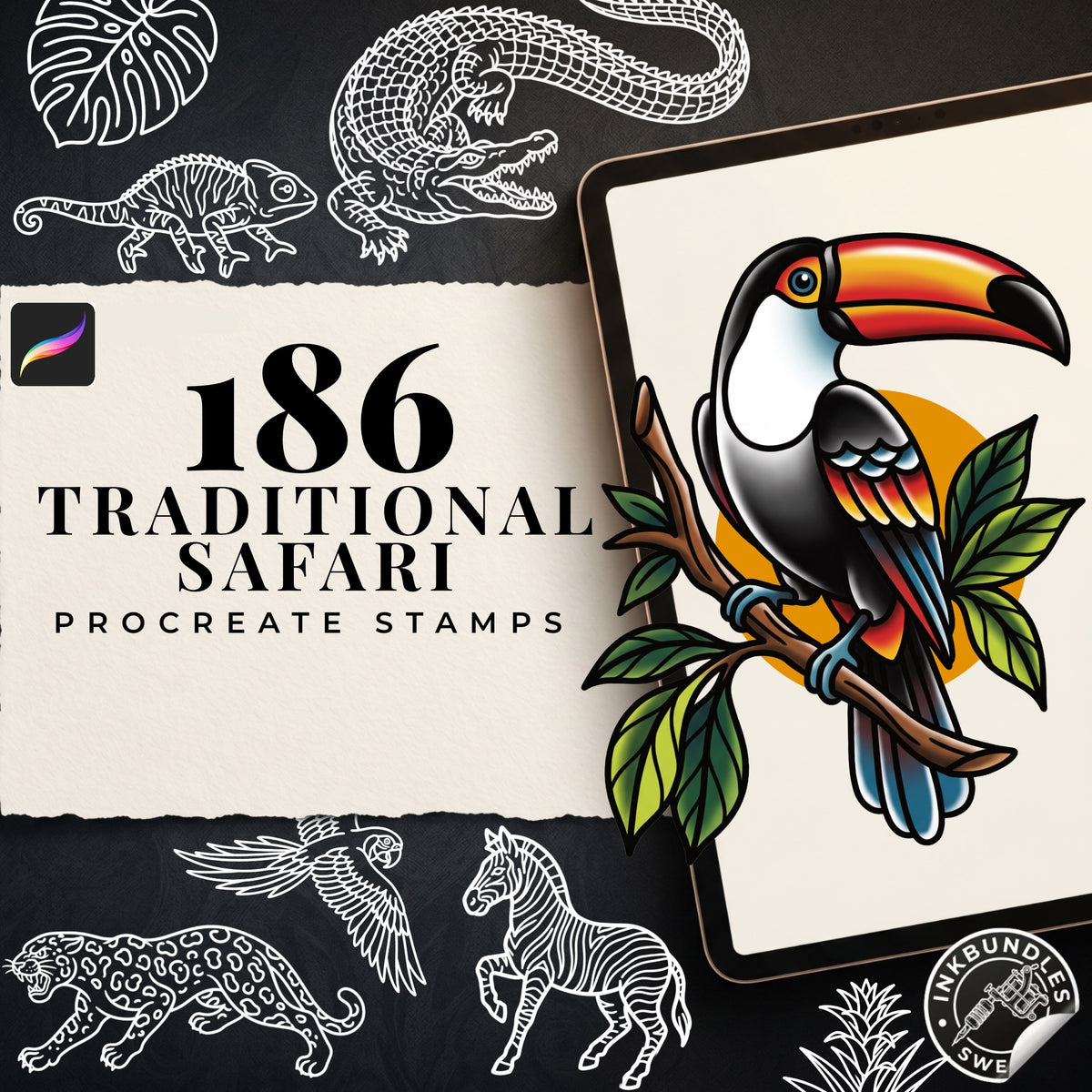 American Traditional Safari – 180+ Procreate Stamps, Tattoo Flash & Animal Designs