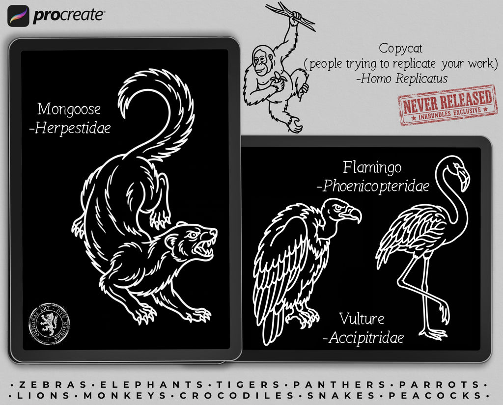 American Traditional Safari – 180+ Procreate Stamps, Tattoo Flash & Animal Designs
