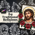 Procreate, Traditional Religious Tattoo flash art , 64 Bold - Unique references for Procreate, Outlined tattoo stencil art