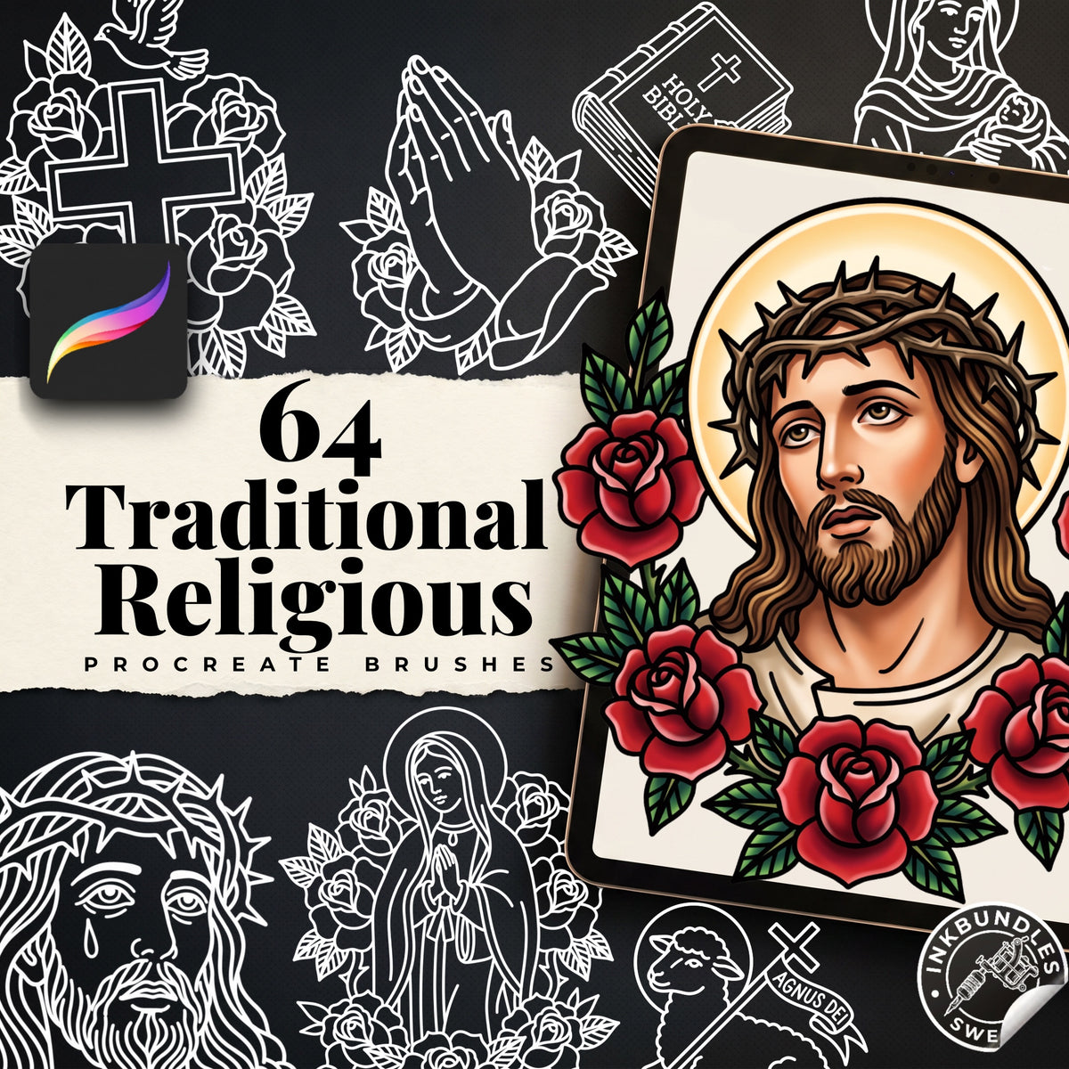 Procreate, Traditional Religious Tattoo flash art , 64 Bold - Unique references for Procreate, Outlined tattoo stencil art