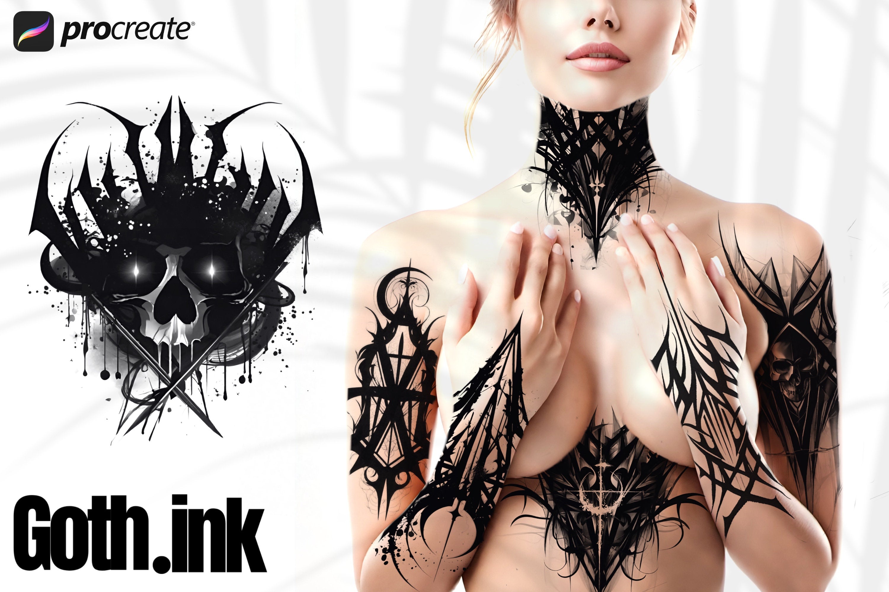 Goth Ink Tattoo Art: Procreate Stamps, Dark Calligraphy (Digital Download)
