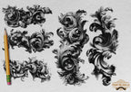 Baroque Scrollwork Design Kit: PNG & Procreate Stencils for Tattoos