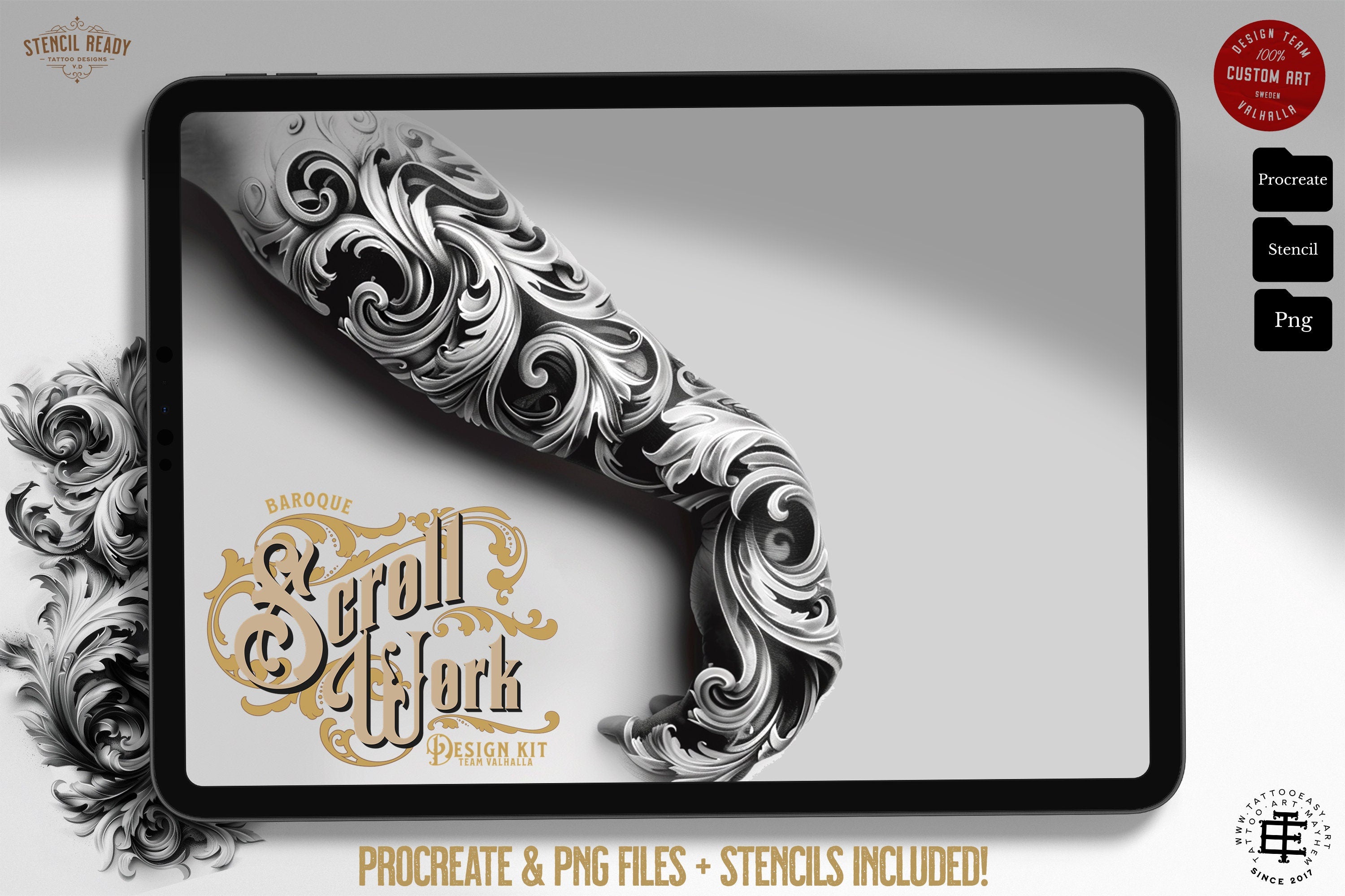 Baroque Scrollwork Design Kit: PNG & Procreate Stencils for Tattoos