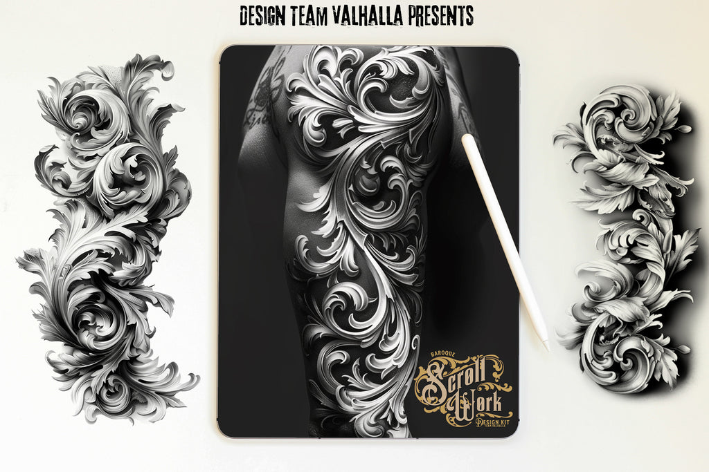 Baroque Scrollwork Design Kit: PNG & Procreate Stencils for Tattoos