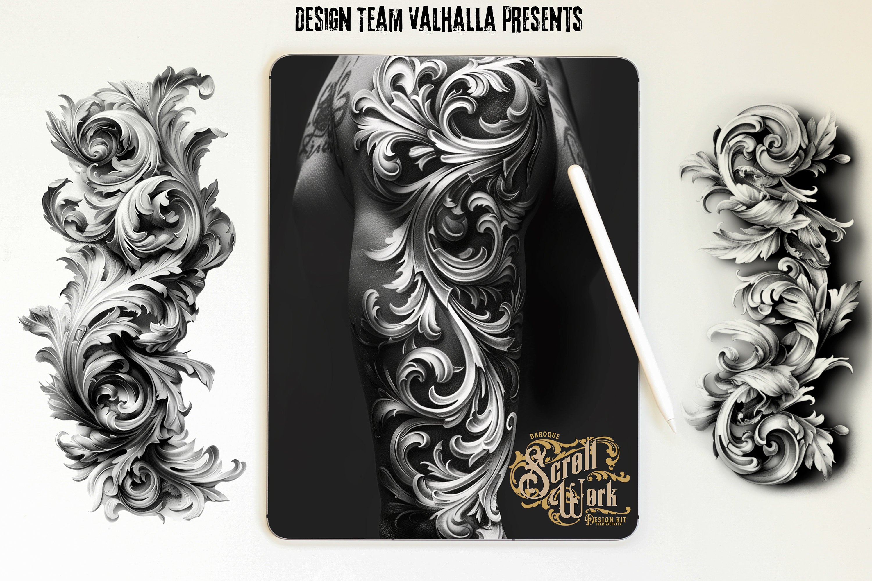 Baroque Scrollwork Design Kit: PNG & Procreate Stencils for Tattoos