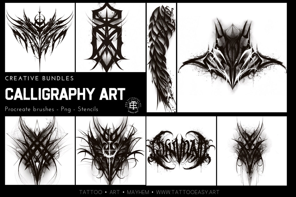 Goth Ink Tattoo Art: Procreate Stamps, Dark Calligraphy (Digital Download)