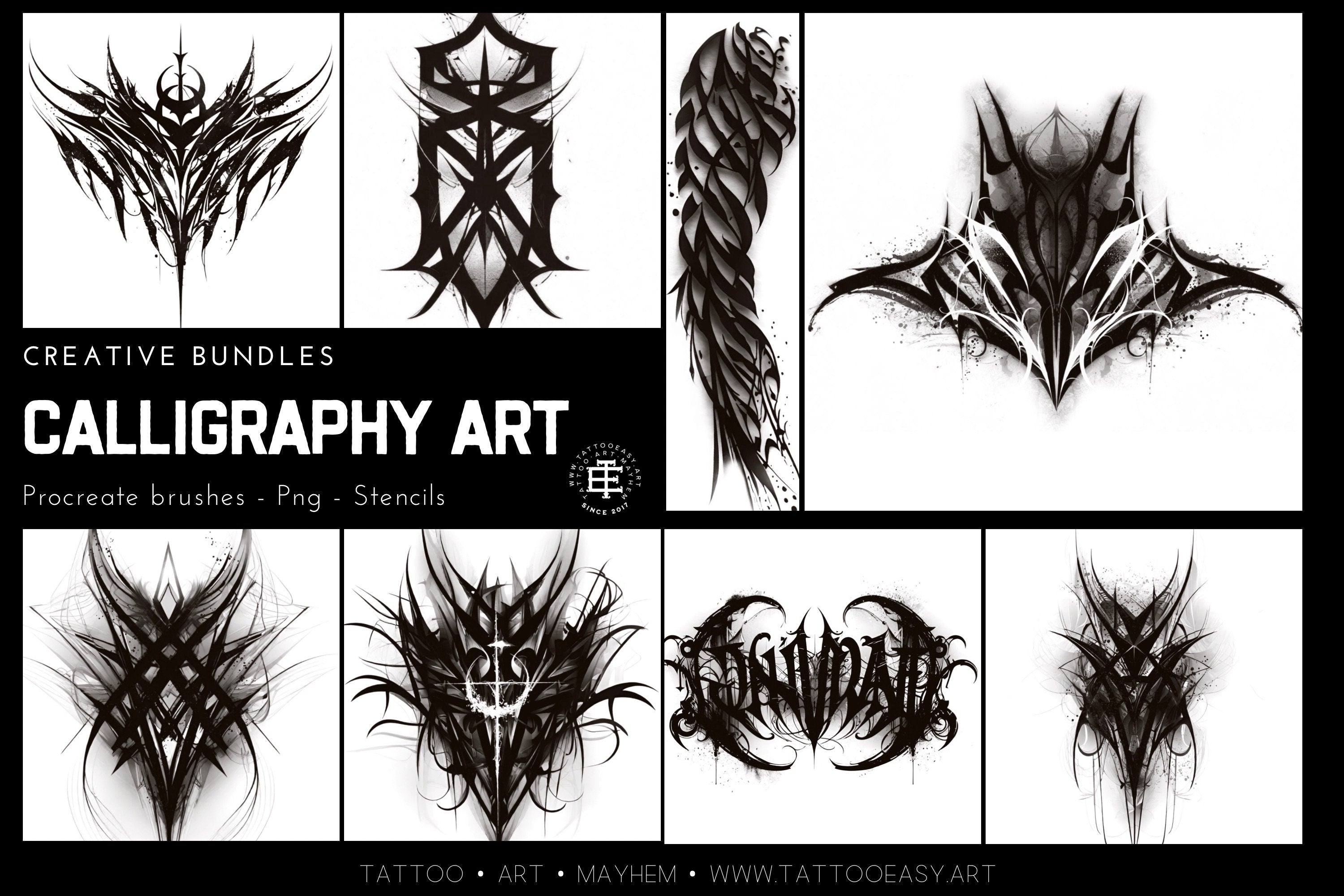 Goth Ink Tattoo Art: Procreate Stamps, Dark Calligraphy (Digital Download)