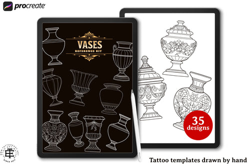 Procreate tattoo art, 35 vases drawn by hand ~ ready made tattoo templates