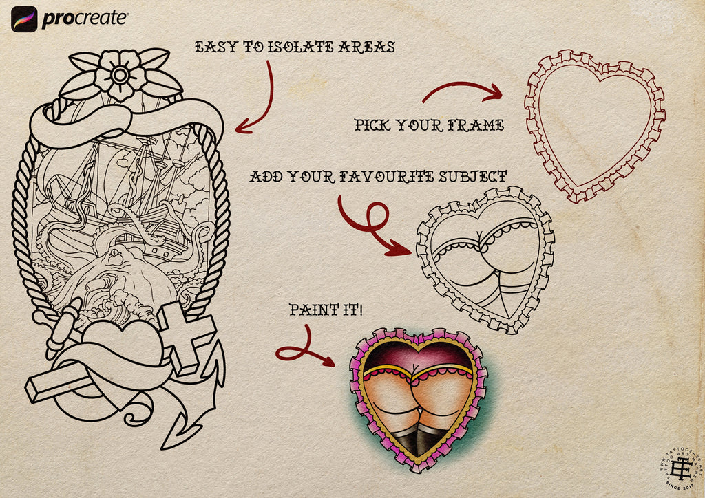 Procreate, Tattoo Frame kit ~ 140+ elements