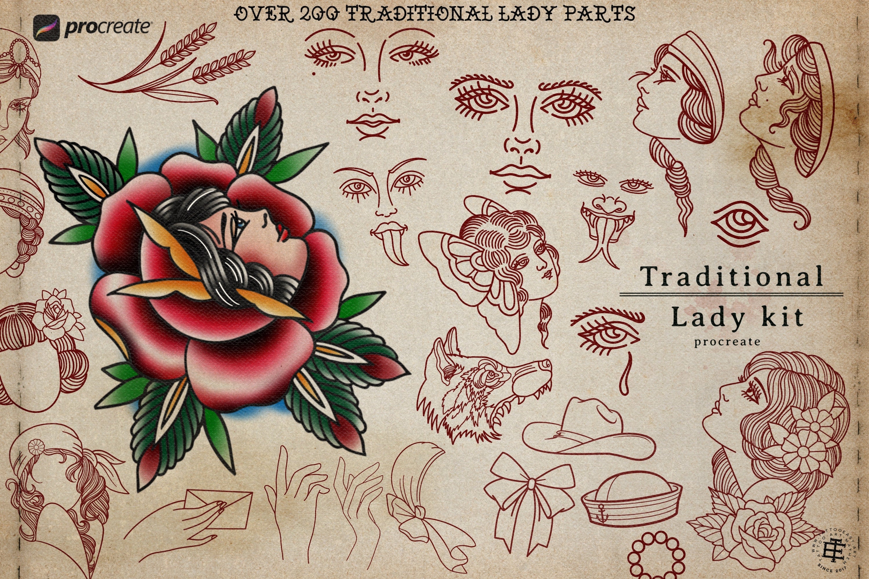 250+ Traditional Tattoo Lady Creator for Procreate | Old School Flash Stencils, DIY Assets & Brushset