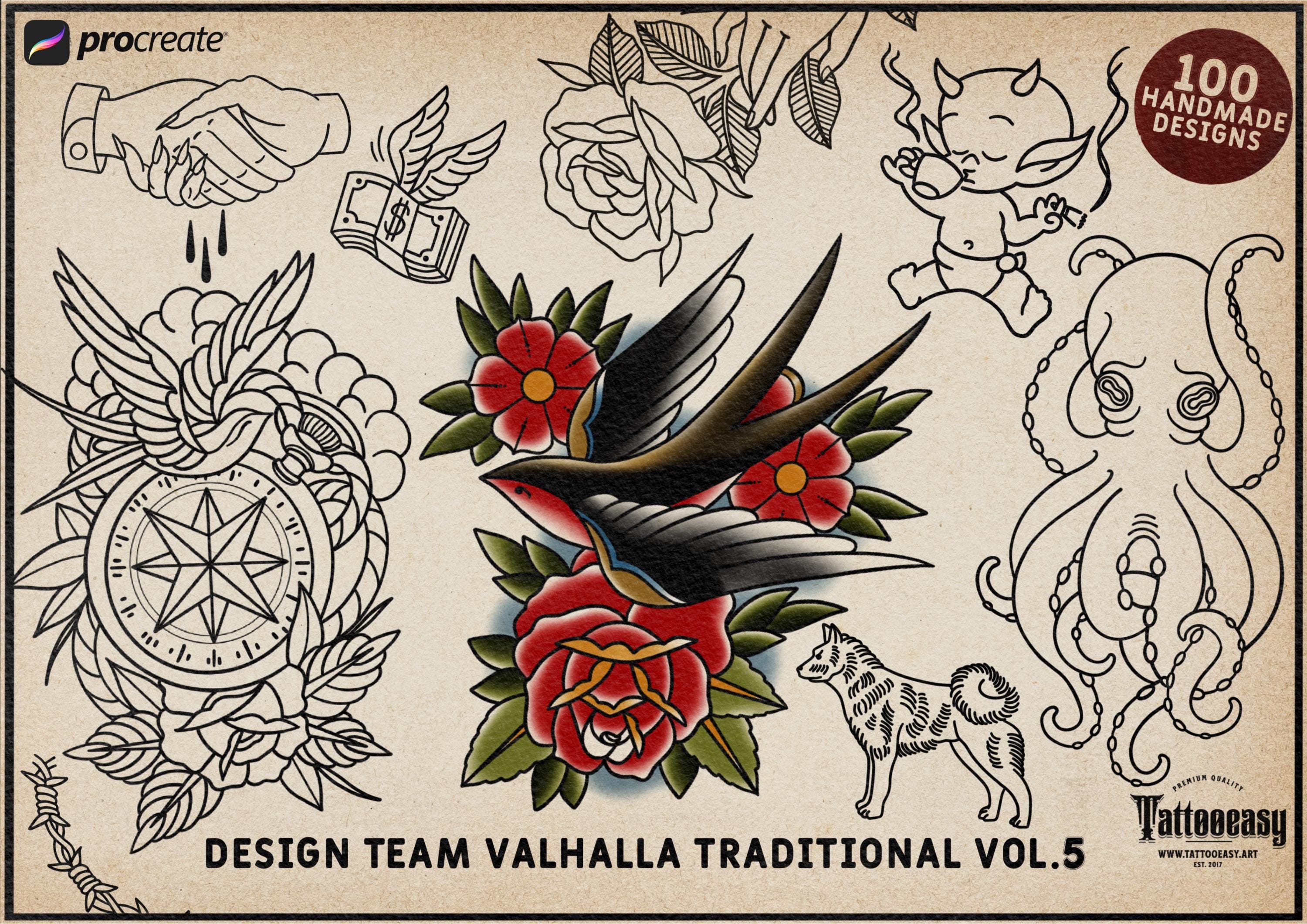 Traditional vol.5, 115+ tattoo ideas, outlined traditional stencils, made in Sweden