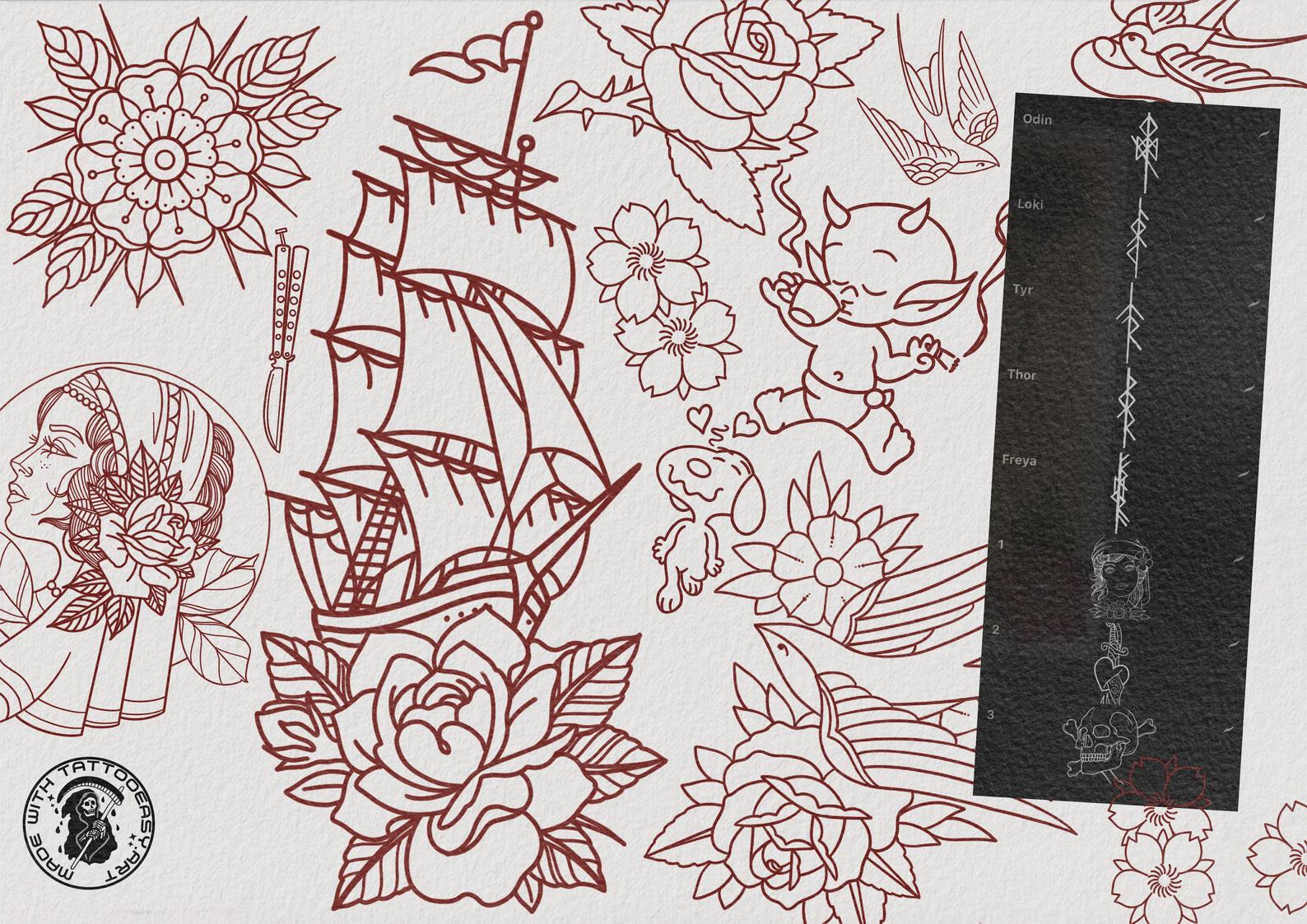 Traditional vol.5, 115+ tattoo ideas, outlined traditional stencils, made in Sweden