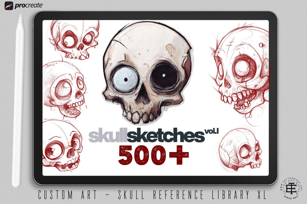 Skull Sketchbook: 500+ Procreate Stamps, Tattoo Art Reference (Digital Download)