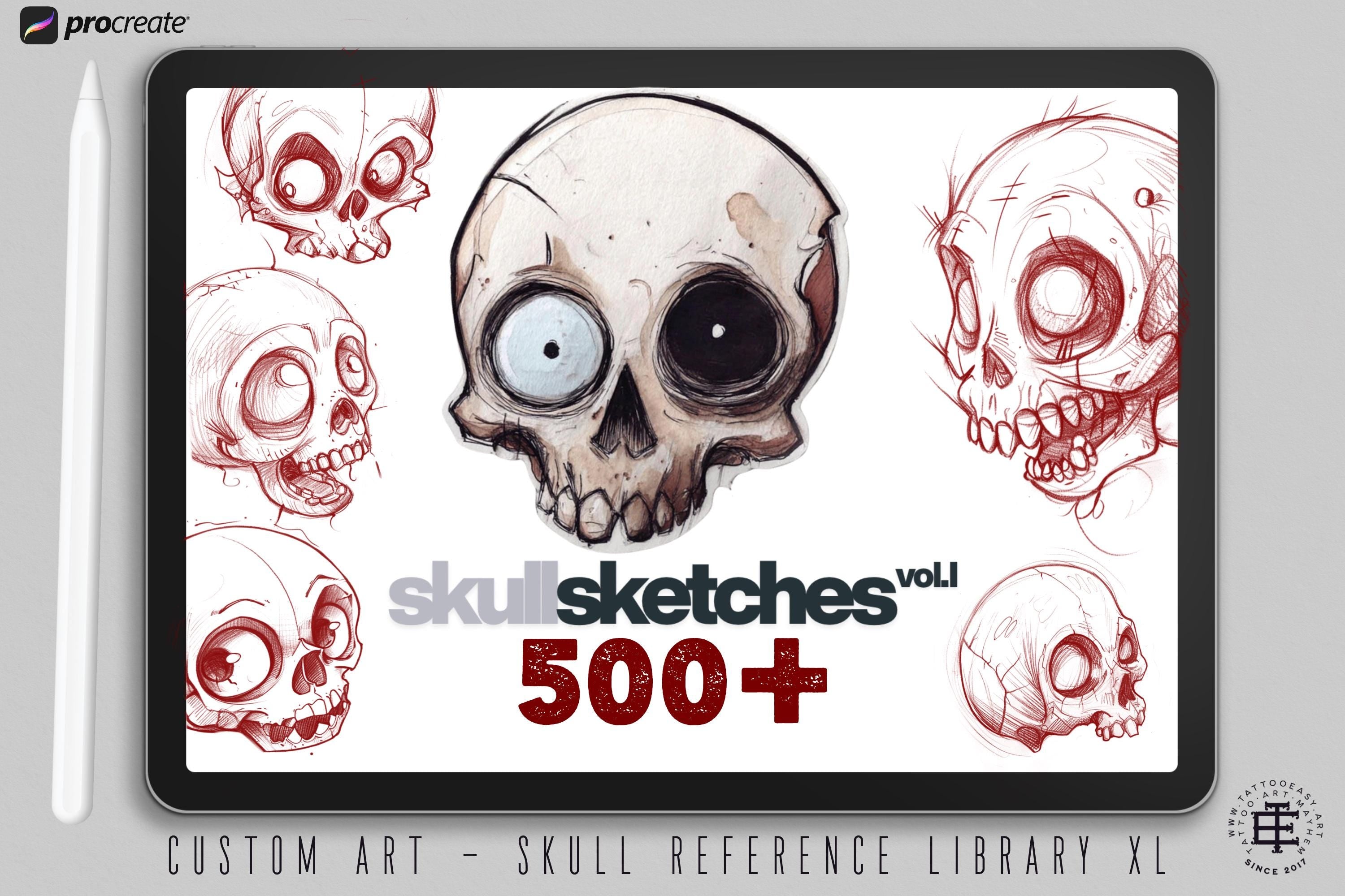 Skull Sketchbook: 500+ Procreate Stamps, Tattoo Art Reference (Digital Download)