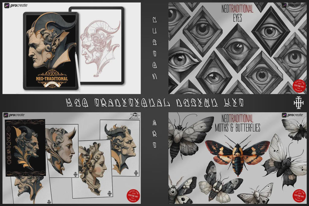 Neo-Traditional vol.1, Procreate creative design kit & custom art! 600+