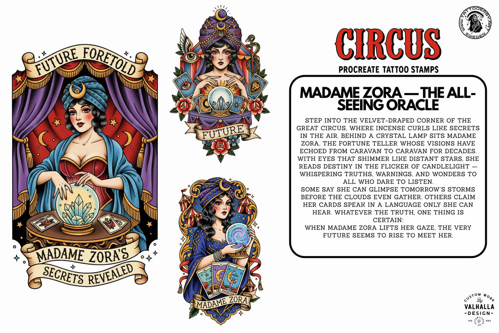 Procreate, png & PDF Tattoo Stamp Brushes, The Circus (100+ Designs) - (Digital Download)