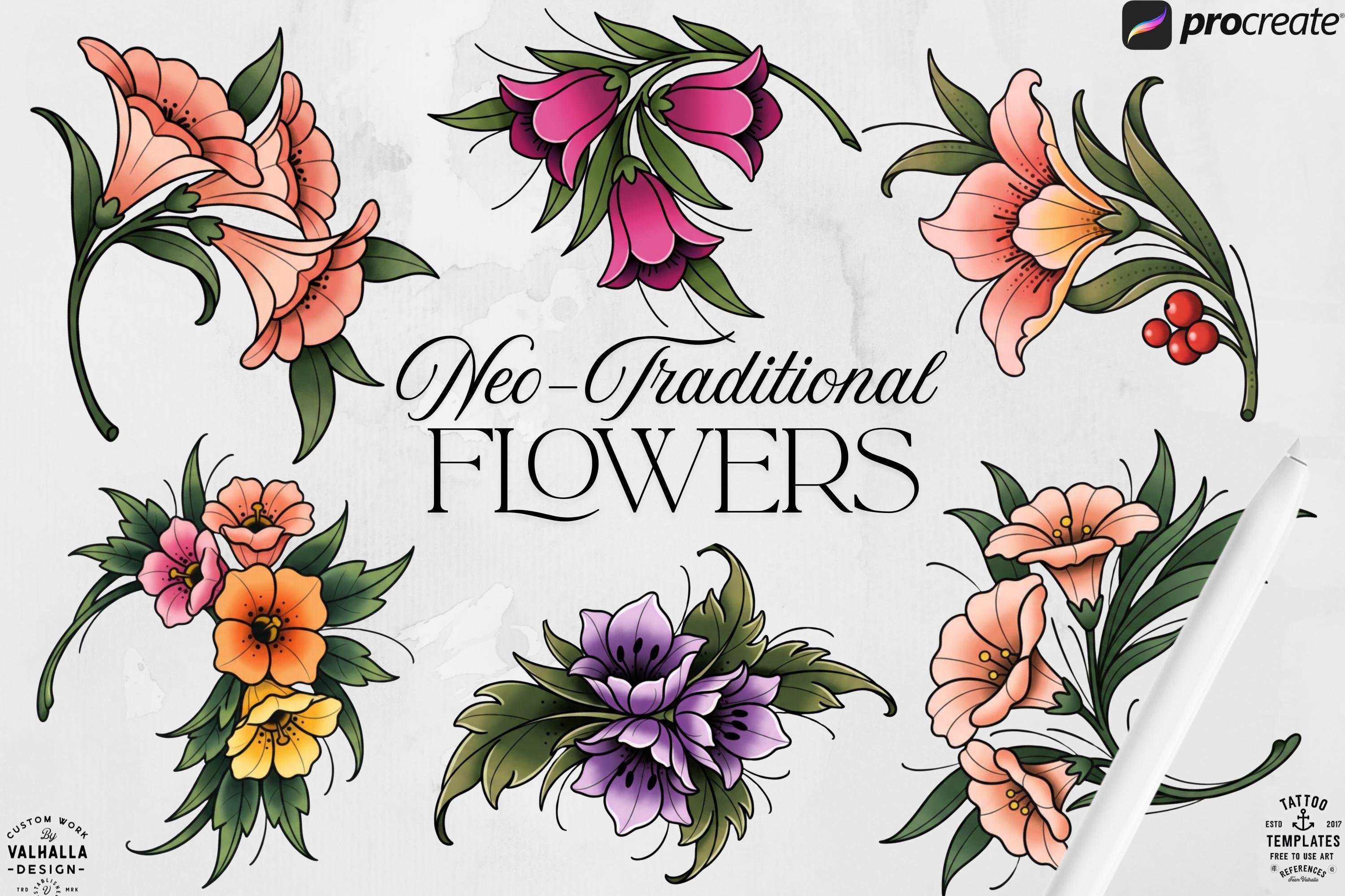 Neo-traditional flowers 1 - custom art, digital download Procreate/Photoshop/vector Stencils