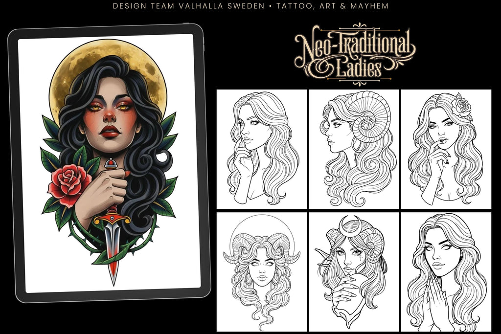 Neo-Traditional Tattoo References, Procreate Stamps & Flash Art, Procreate/Photoshop 300+