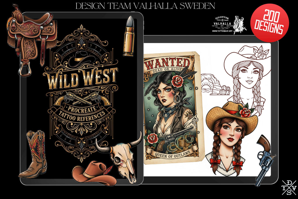 Traditional Wild Western Tattoo Design kit - Procreate & PNG | 200+ Classic Cowboy Tattoos