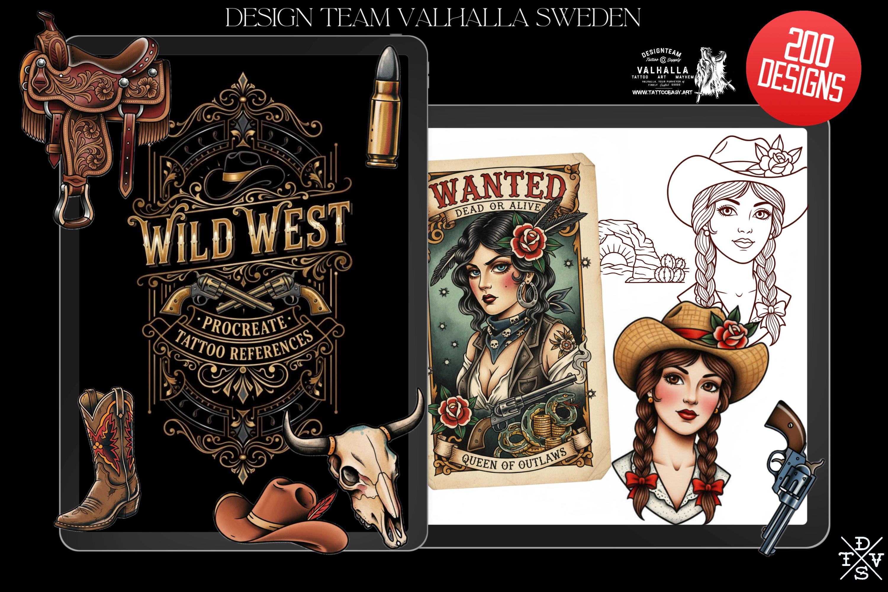 Traditional Wild Western Tattoo Design kit - Procreate & PNG | 200+ Classic Cowboy Tattoos
