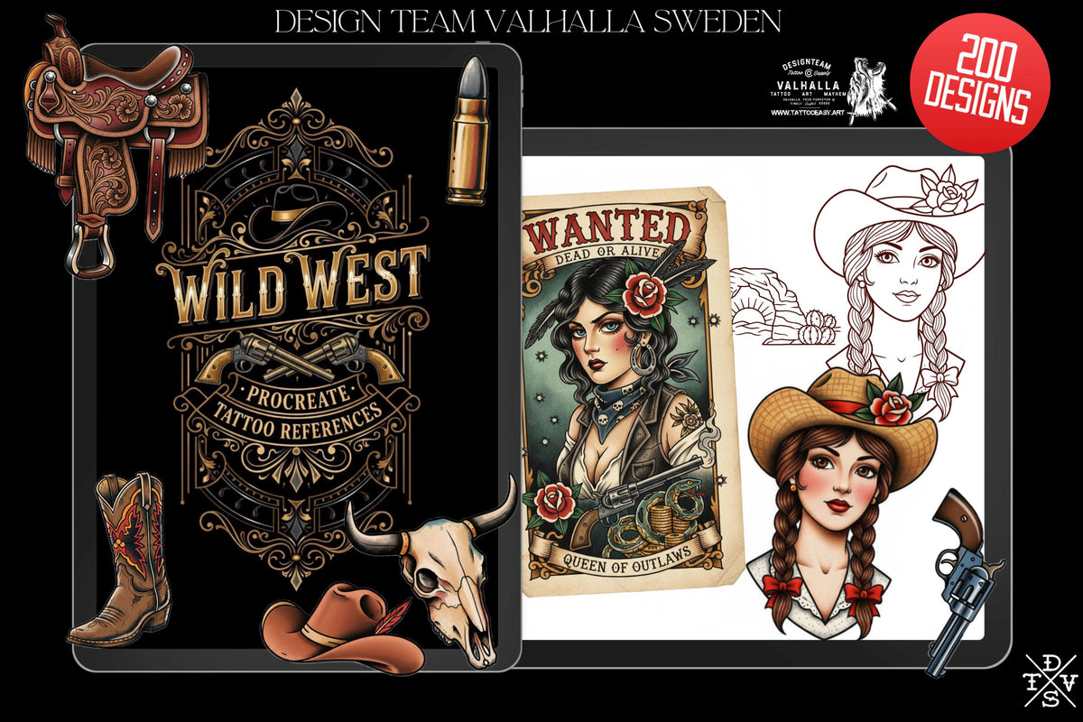Wild West Tattoo Stencils Bundle - 200+ Procreate Stamps