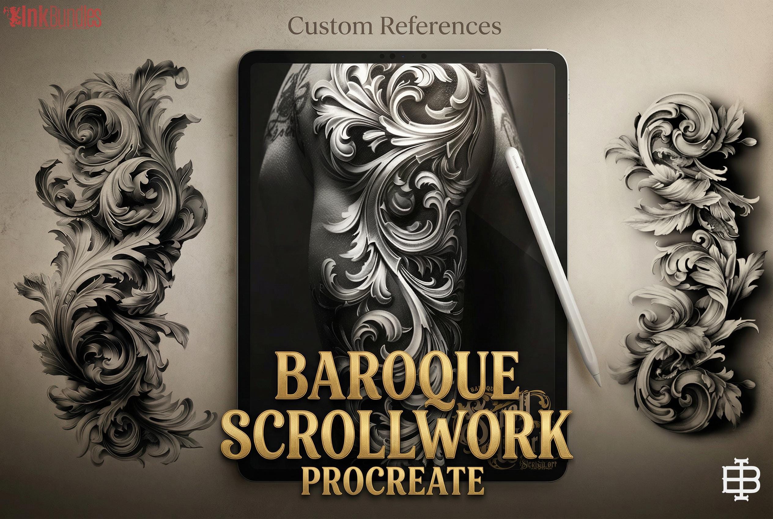 Baroque Scrollwork Design Kit: PNG & Procreate Stencils for Tattoos