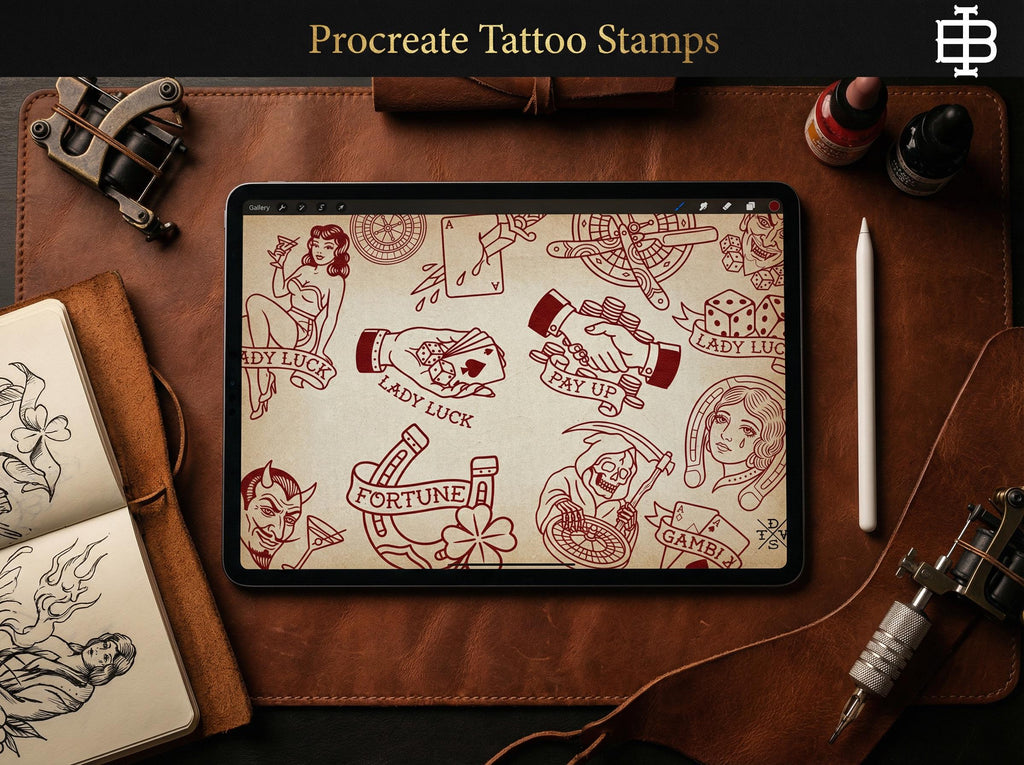 Traditional Gambling Casino Tattoo Design kit - Procreate | 113 Classic Mans ruin Tattoo stencils
