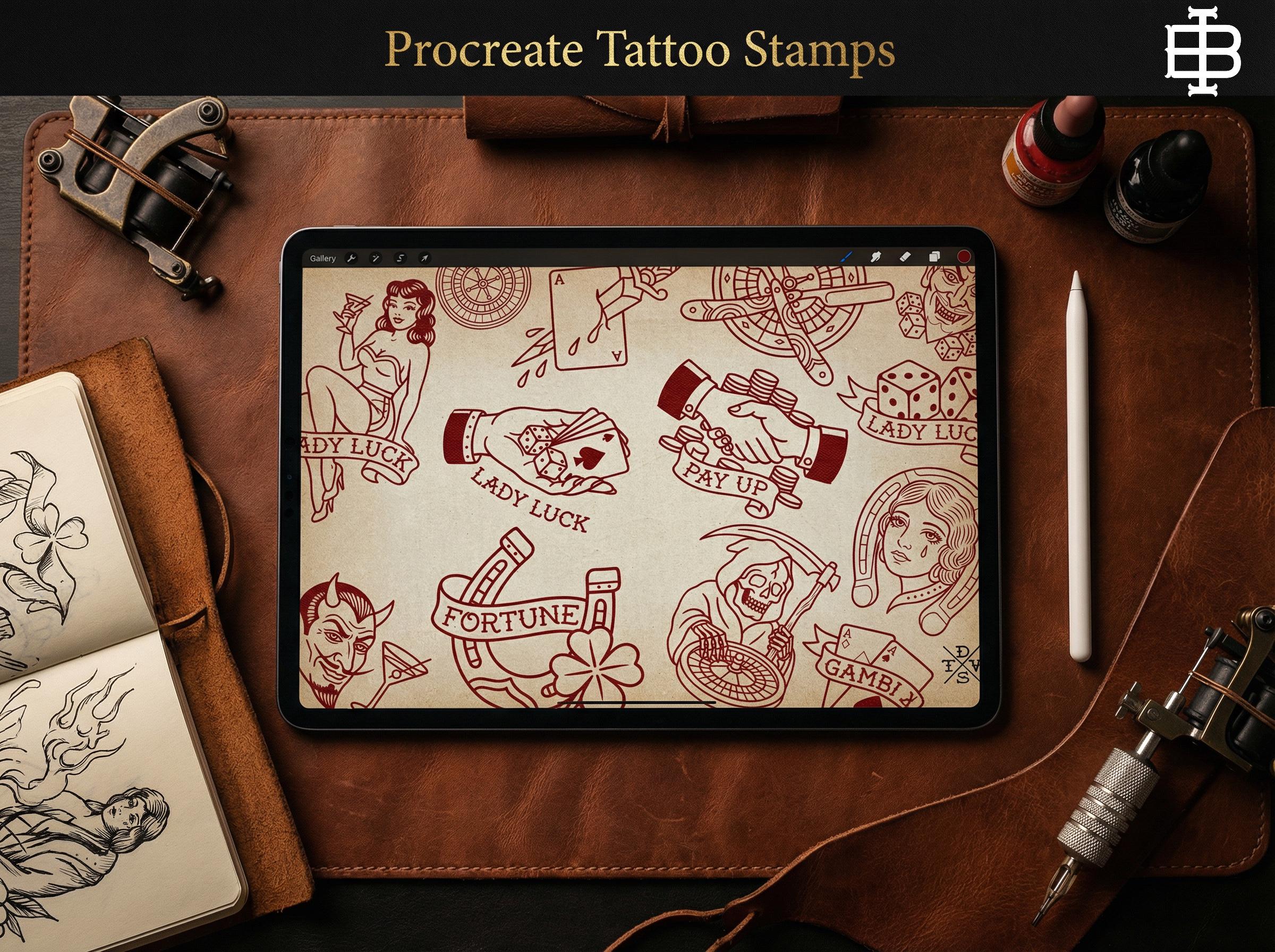 Traditional Gambling Casino Tattoo Design kit - Procreate | 113 Classic Mans ruin Tattoo stencils