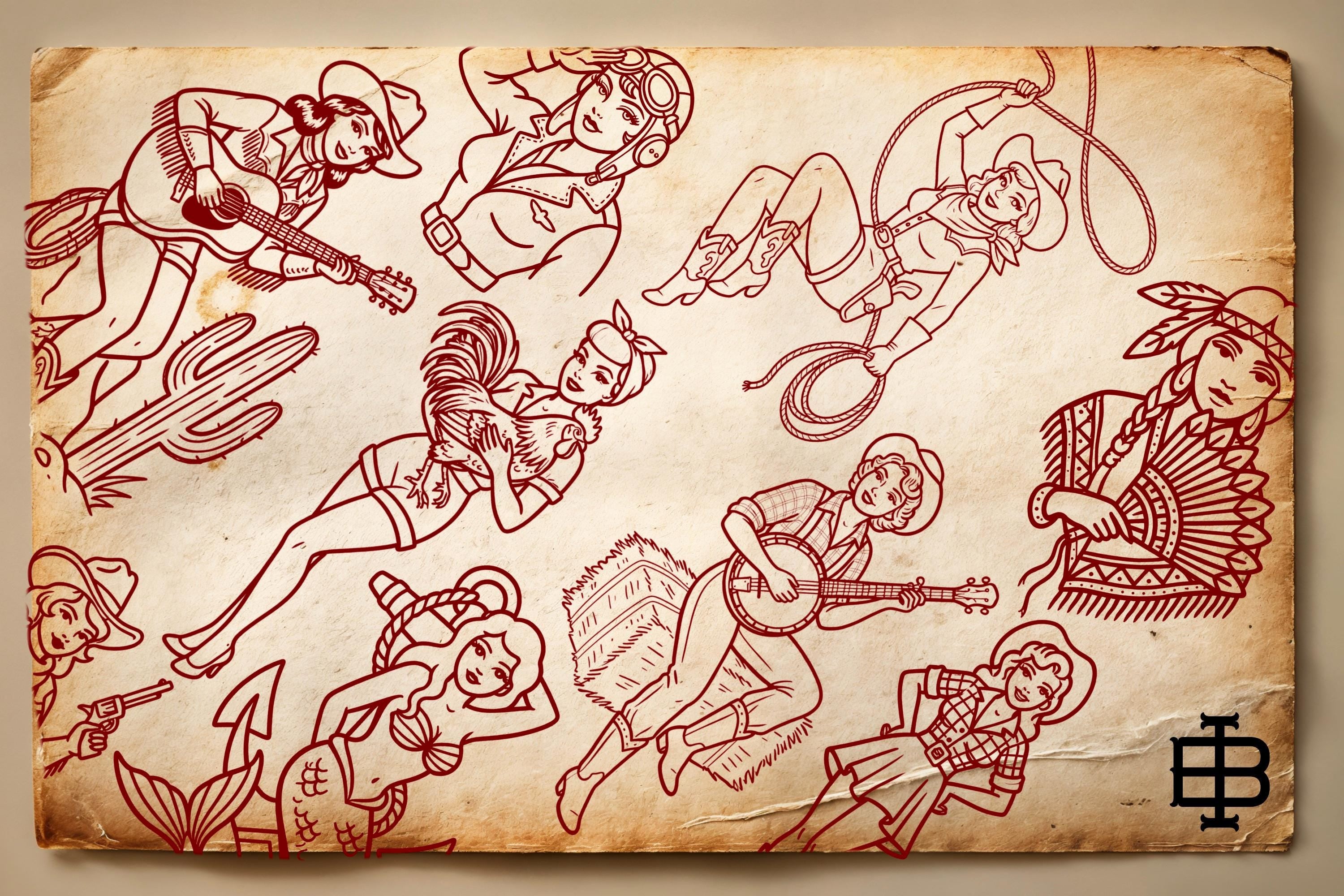 Traditional Pinup Design kit - Procreate | 150+ Classic old-scool , stencils ( digital download ) Tattoo Flash Art