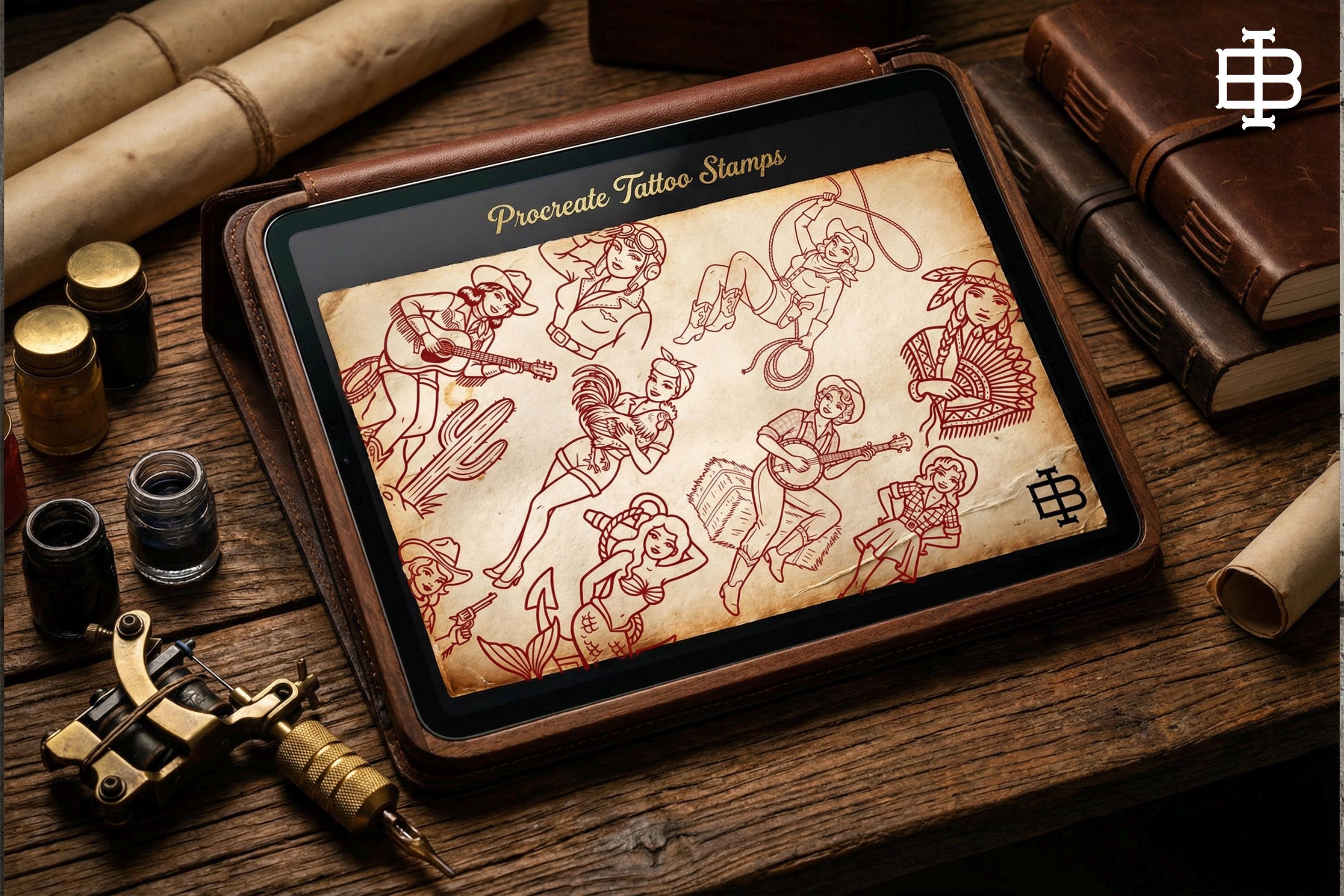 Traditional Pinup Design kit - Procreate | 150+ Classic old-scool , stencils ( digital download ) Tattoo Flash Art