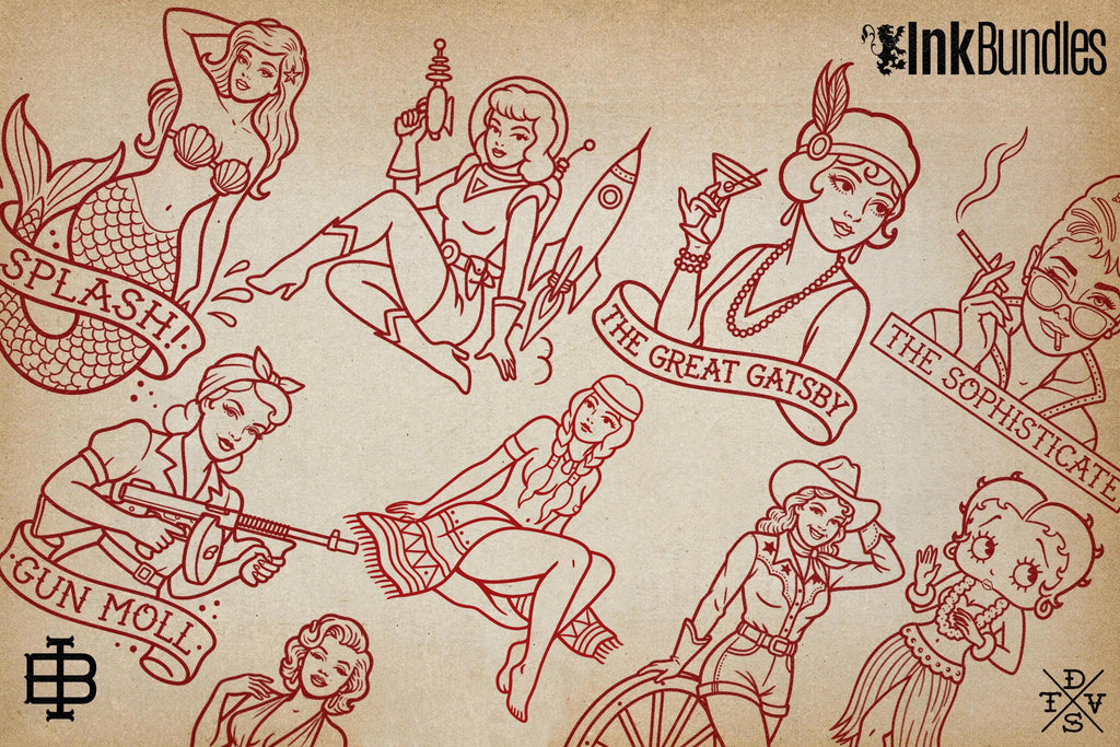 Traditional Pinup Design kit - Procreate | 150+ Classic old-scool , stencils ( digital download ) Tattoo Flash Art