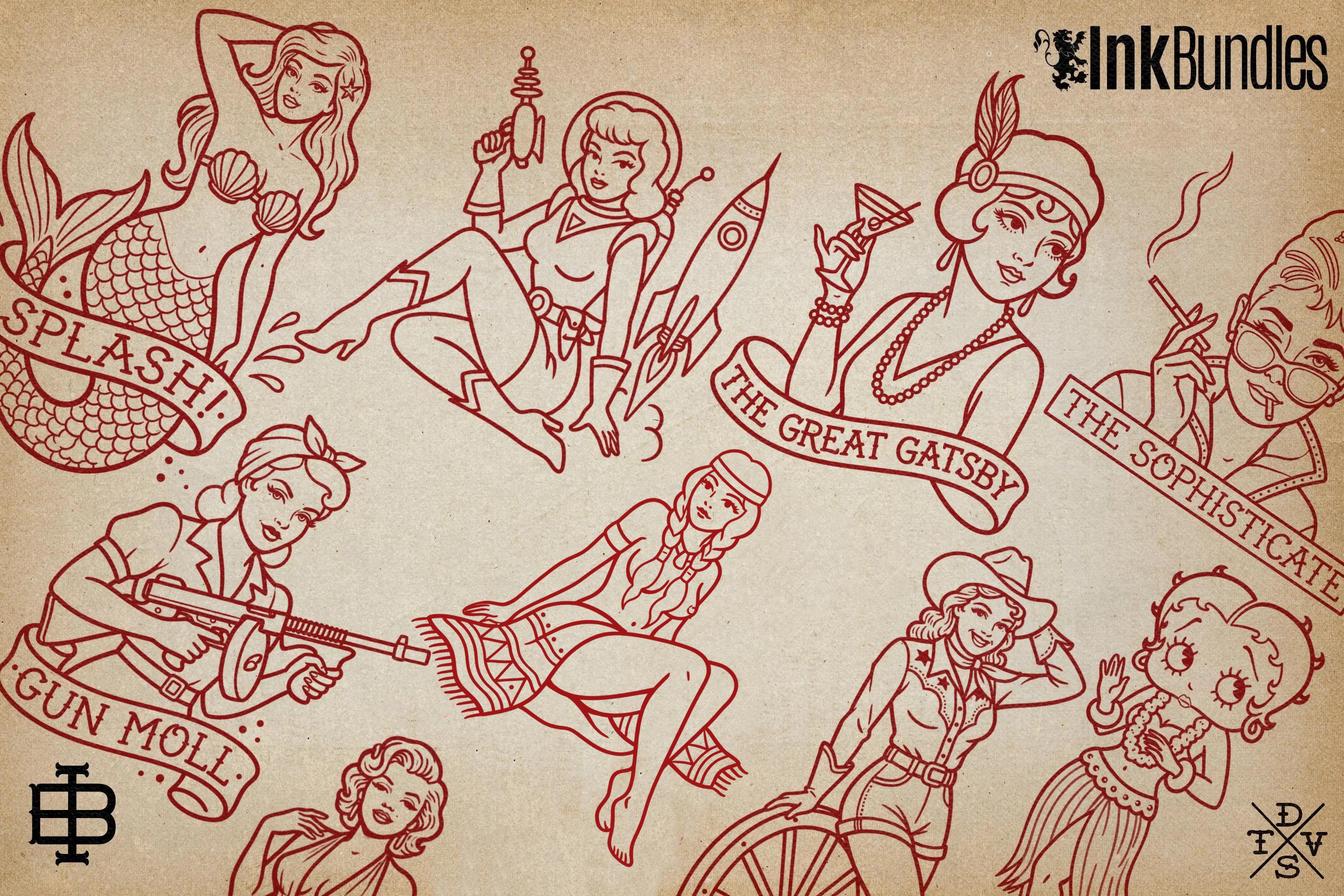Traditional Pinup Design kit - Procreate | 150+ Classic old-scool , stencils ( digital download ) Tattoo Flash Art