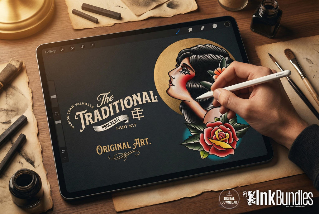 250+ Traditional Tattoo Lady Creator for Procreate | Old School Flash Stencils, DIY Assets & Brushset