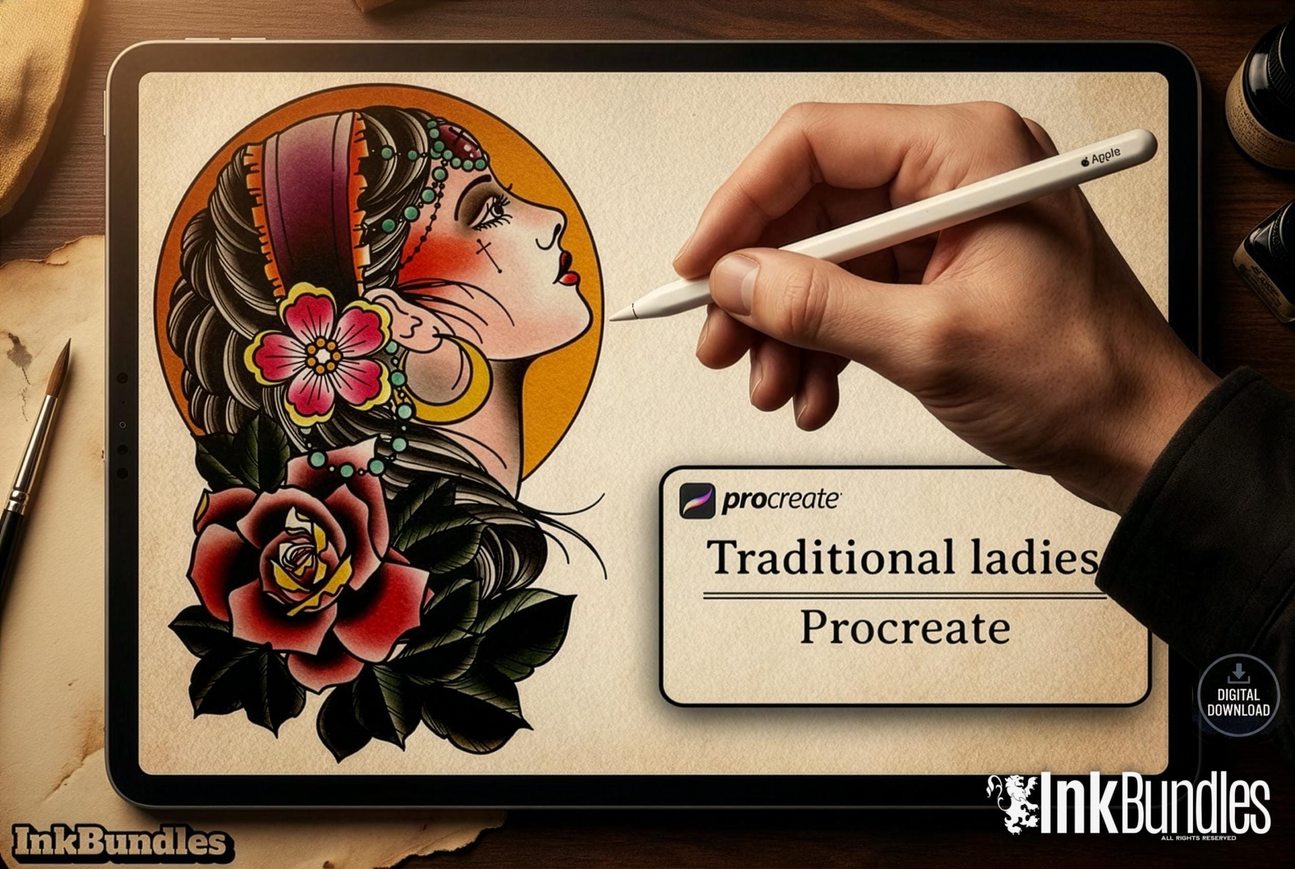 250+ Traditional Tattoo Lady Creator for Procreate | Old School Flash Stencils, DIY Assets & Brushset
