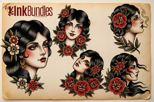 250+ Traditional Tattoo Lady Creator for Procreate | Old School Flash Stencils, DIY Assets & Brushset