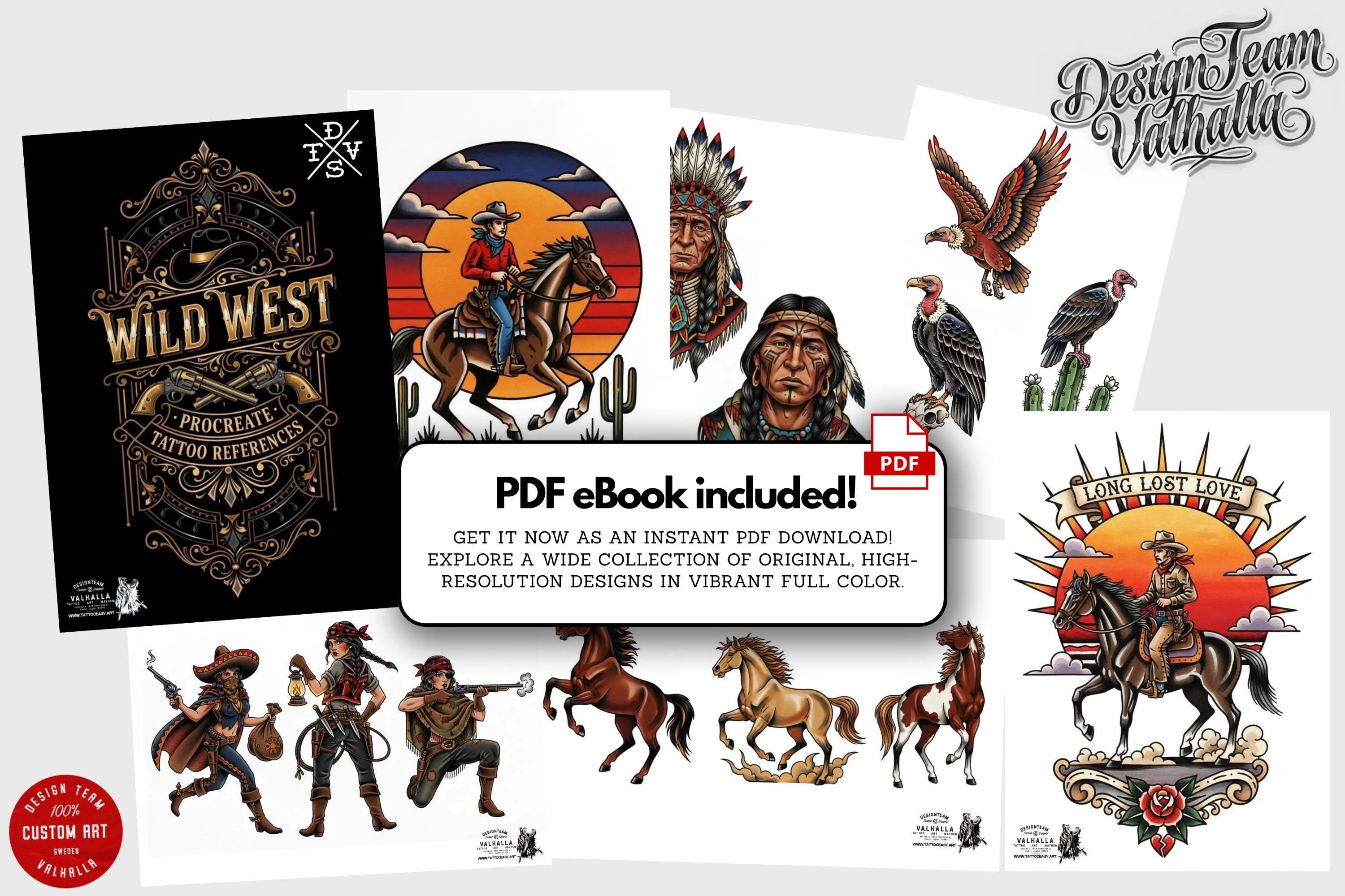 Traditional Wild Western Tattoo Design kit - Procreate & PNG | 200+ Classic Cowboy Tattoos