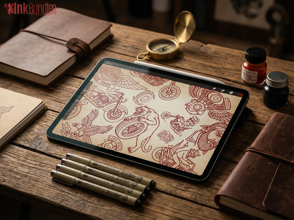 Traditional Biker Tattoo Design kit - Procreate & PNG | 100+ old-school Tattoo stencils