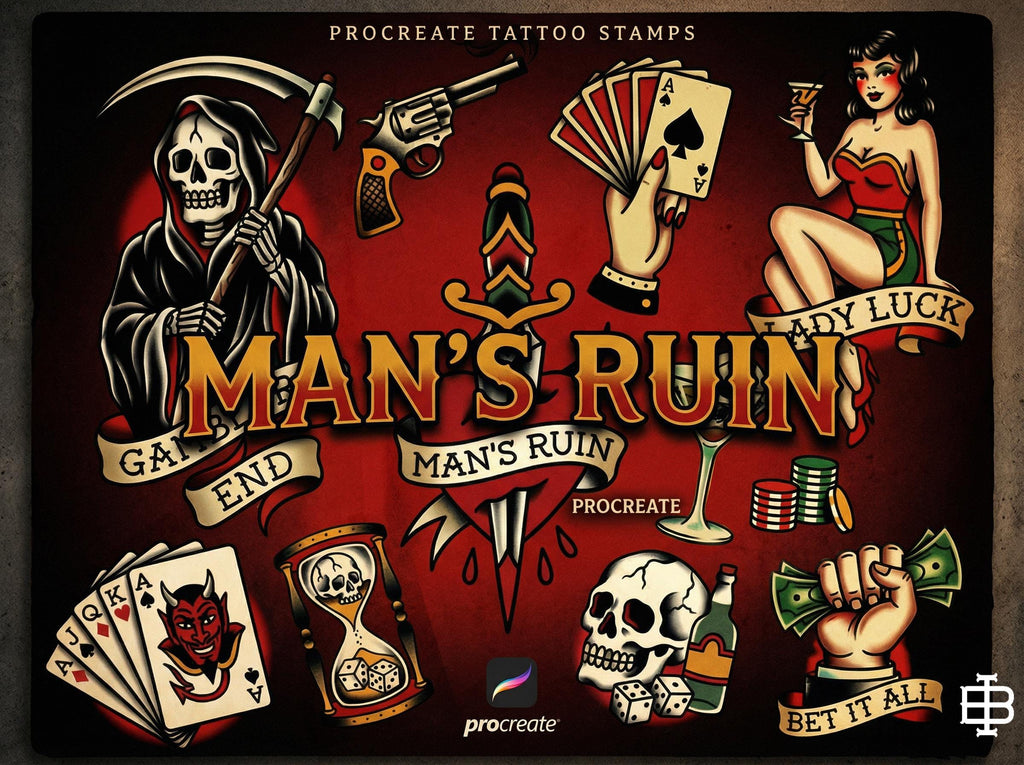 Traditional Gambling Casino Tattoo Design kit - Procreate | 113 Classic Mans ruin Tattoo stencils