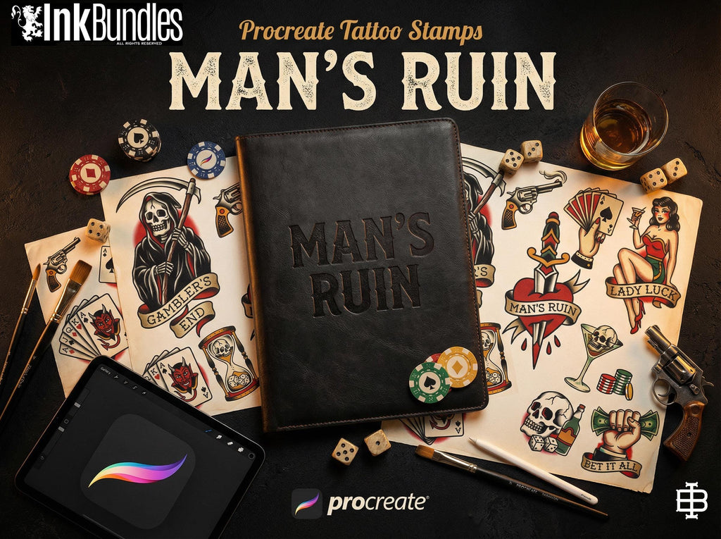Traditional Gambling Casino Tattoo Design kit - Procreate | 113 Classic Mans ruin Tattoo stencils