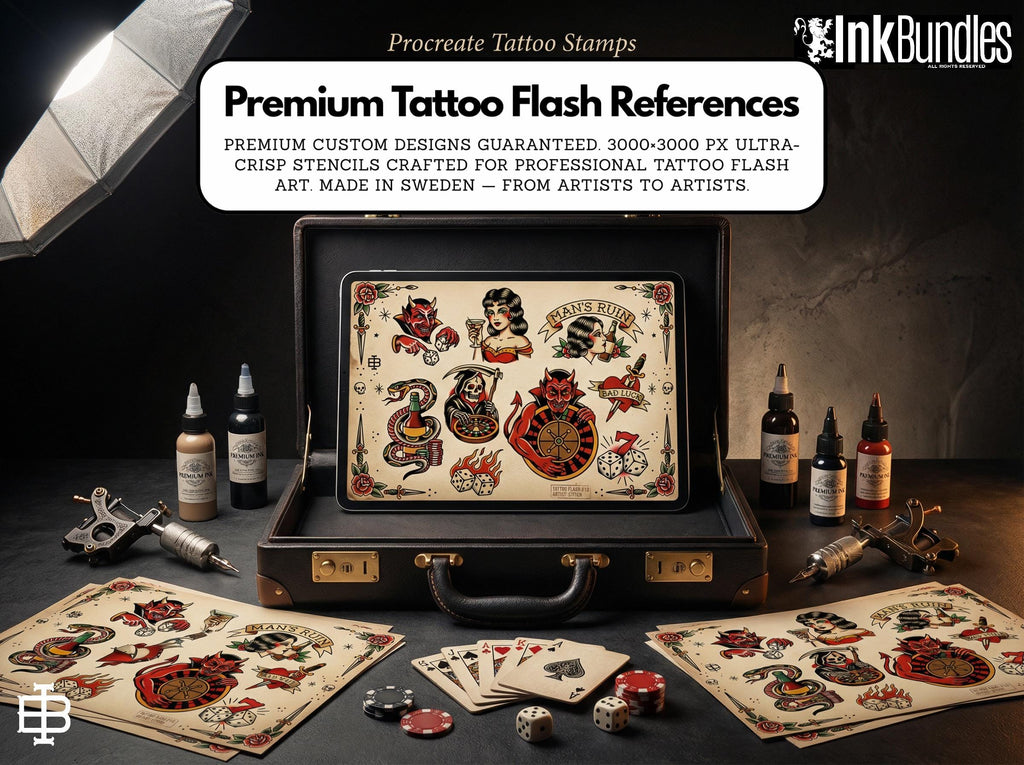 Traditional Gambling Casino Tattoo Design kit - Procreate | 113 Classic Mans ruin Tattoo stencils