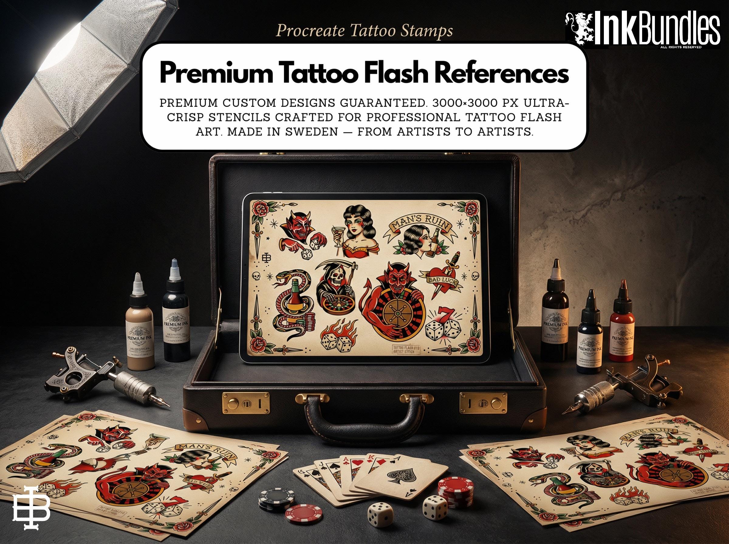 Traditional Gambling Casino Tattoo Design kit - Procreate | 113 Classic Mans ruin Tattoo stencils