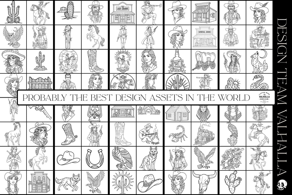 Traditional Wild Western Tattoo Design kit - Procreate & PNG | 200+ Classic Cowboy Tattoos