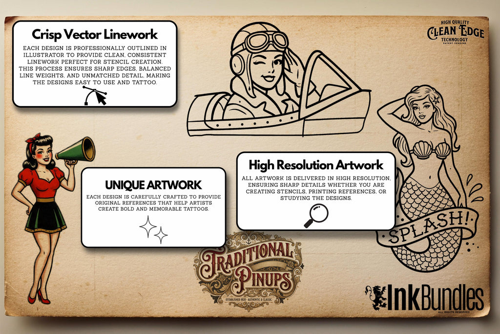 Traditional Pinup Design kit - Procreate | 150+ Classic old-scool , stencils ( digital download ) Tattoo Flash Art