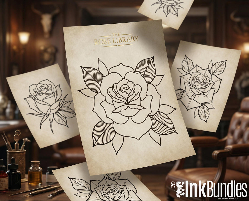 Rose Tattoo Flash PDF eBook | Neo Traditional Stencils | Old School Flower References & Coloring Pages