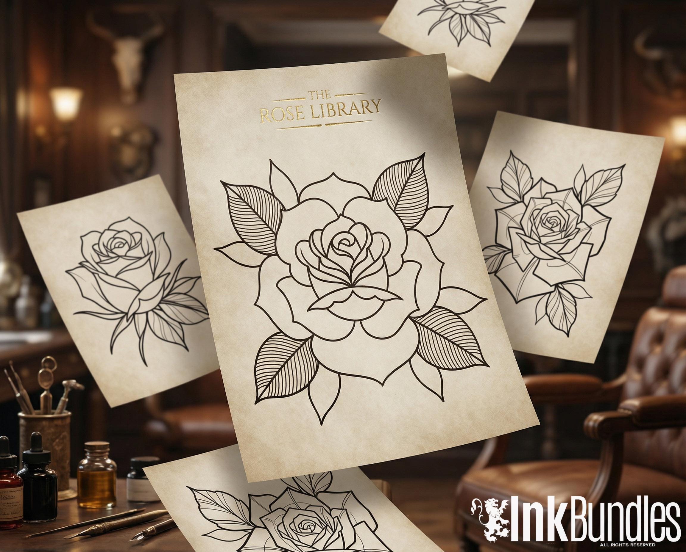 Rose Tattoo Flash PDF eBook | Neo Traditional Stencils | Old School Flower References & Coloring Pages