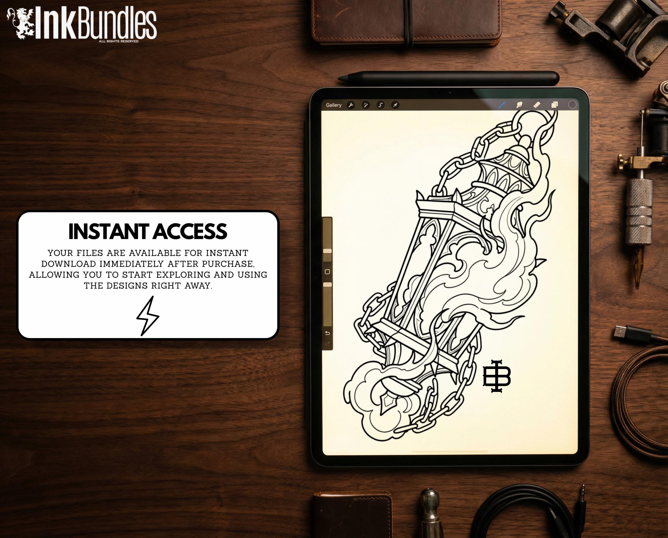 Fire & Torch Tattoo Toolkit, Flame, Lamp PNG Procreate Bundle, Tattoo Flash Brushset for Artists